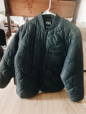 Zara Dark Green Quilted Bomber Jacket
